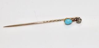 A Fine Antique Victorian 9ct Gold 0.  10ct Diamond & Turquoise Dropper Stickpin