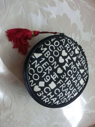 Chanel Beaute Vintage Cosmetic Bag Round Black Fabric/white Letters