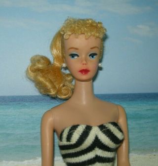 Vintage 4 Blonde Ponytail Barbie Doll In Zebra Swimsuit,  Shoes Stand & Booklet