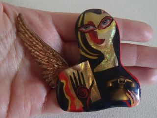 Ooak Mixed Media Artisan Mary Delave 1992 Resin Surrealist Modernist Brooch Pin