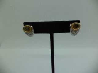 Signed Judith Ripka Citrine Cubic Zirconia Sterling Silver Omega Back Earrings