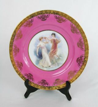 Vintage Jkw Germany Pink Gilded Two Ladies Dancing Porcelain 10 1/2 " Plate