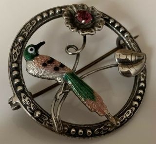 Large Antique Edwardian Hallmarked Solid Silver Enamel Round Bird Brooch