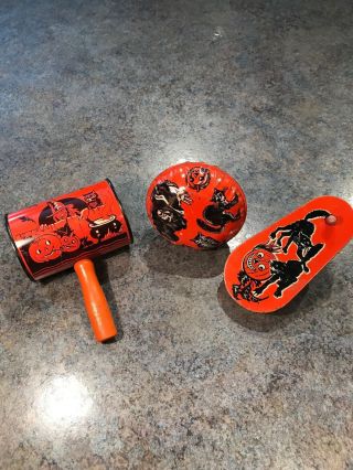 3 Vintage Halloween Tin Litho Party Noisemaker Decorations