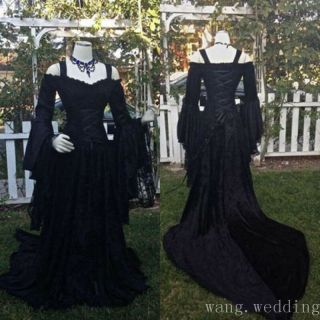 Vintage Black White Gothic Wedding Dresses Medieval Long Sleeves Bridal Gowns