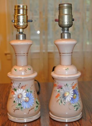 Set Of 2 - Vtg - Hand Painted Cased Pink Art Glass Czech Bohemian Boudoir Lamps