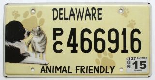 Rare Delaware 2015 Animal Friendly Specialty License Plate,  Dog Cat Pet Graphics