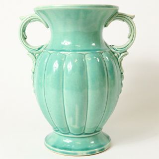 Vintage Mccoy Art Pottery: Gloss Turquoise Green Glaze Handled Vase
