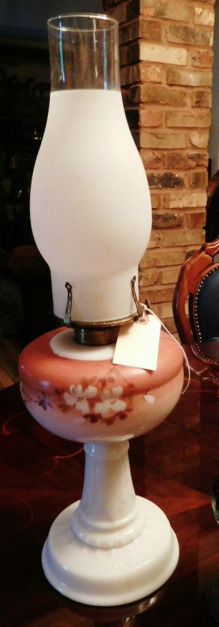 Vtg Antique American Milk Glass Kerosene Oil Lamp Plume & Atwood Banner Burner