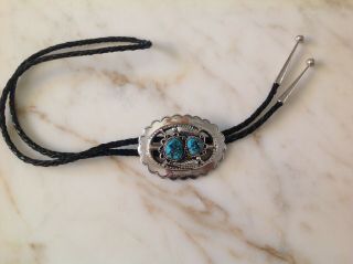 Large Vintage Southwest Sterling Silver And Turquoise Bolo Tie Signed