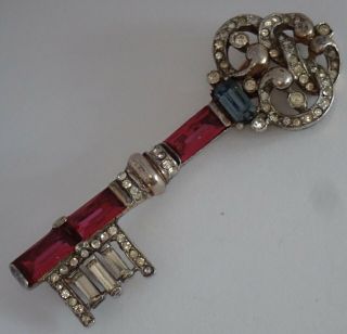 Rare Vintage Trifari Sterling Silver Ruby Sapphire Rhinestone Key Brooch