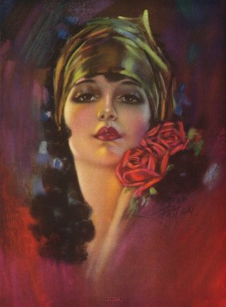 Vintage 1930s Irene Patten Pin - Up Print Art Deco Flapper In Turban Is Rosette Nr
