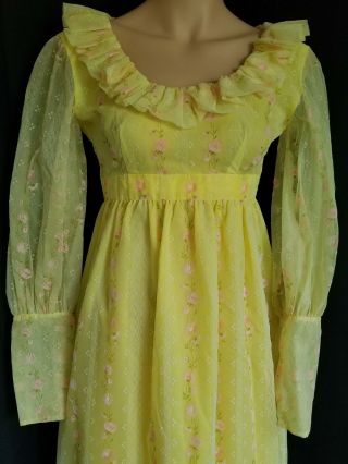 Vintage Sz Xs Yellow Flocked Pink Flowers Dress