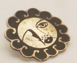 Exceptional Rare Unusual Vintage Modernist Silver Black Enamel Moon Face Brooch