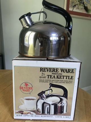Vintage Revere Ware Copper Bottom 2 1/3 Qt Whistling Tea Kettle W Box Usa