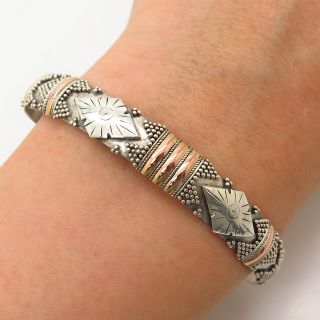 925 Sterling Silver 2 - Tone Vintage Tribal Design Cuff Bracelet 6 3/4 "