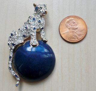Carolee Duchess Of Windsor Crystal Panther On Blue Enamel Ball Pin Brooch