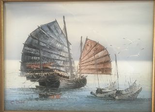 C.  CHAN CHINESE JUNK BOAT PAINTING Framed 15 