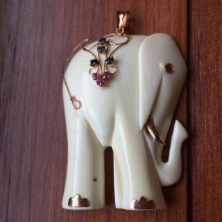 Vintage Rare 14k Gold Ivory Ruby Sapphire Emerald Pendant Large Elephant 1 3/4”