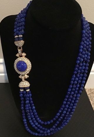 Vintage Les Bernard Faux Lapis Lazuli Necklace Rhinestone Clasp Multi Strand