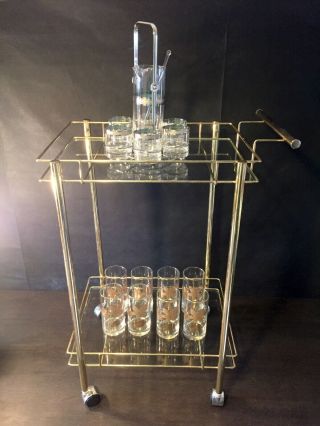 Vintage Mid Century Gold Metal 2 - Tier Glass Rolling Tea Bar Cart