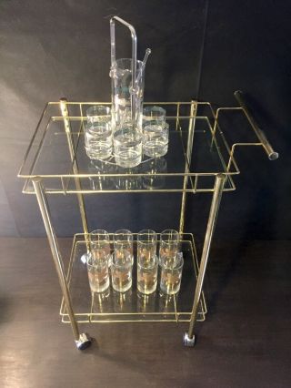 Vintage Mid Century Gold Metal 2 - Tier Glass Rolling Tea Bar Cart 2