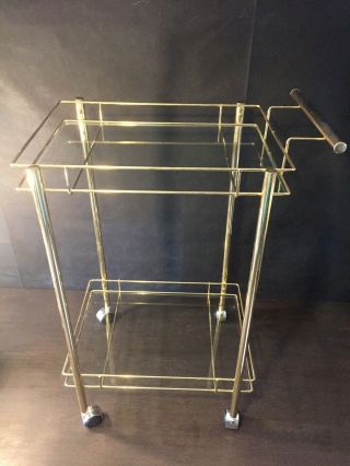 Vintage Mid Century Gold Metal 2 - Tier Glass Rolling Tea Bar Cart 3