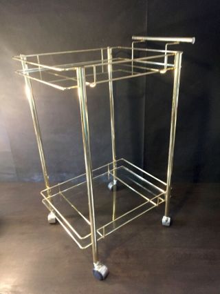 Vintage Mid Century Gold Metal 2 - Tier Glass Rolling Tea Bar Cart 4