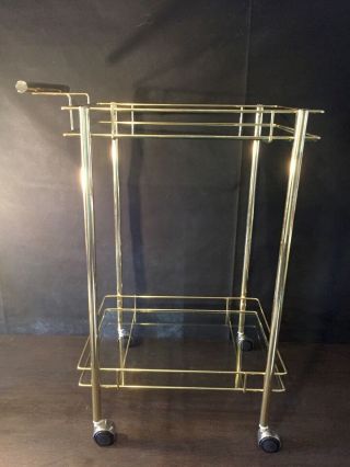 Vintage Mid Century Gold Metal 2 - Tier Glass Rolling Tea Bar Cart 8