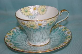 Vintage Aynsley Bone China Corset Shaped Chintz Cup & Saucer - Blue With Daisies