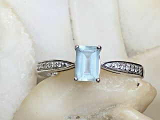 Vintage 14k White Gold Aquamarine Diamond Ring Emerald Cut Signed Engagement