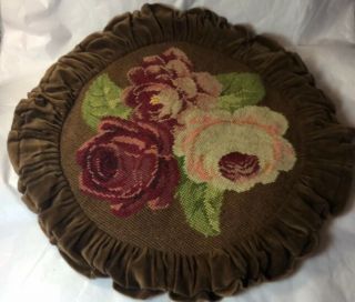 Vtg Pink Roses Round Velvet Needlepoint Embroidered Throw Accent Pillow Floral