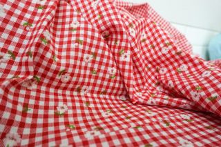 Vtg 60s Red & White Gingham Check White Flocked Daisy Flower Baby Child Fabric