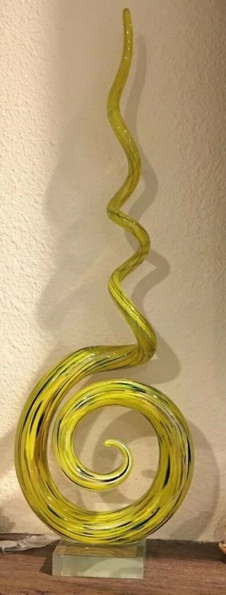 Vintage Mcm Large Murano Art Glass Sculpture - 22” Tall Yellow Black Gold Swirl