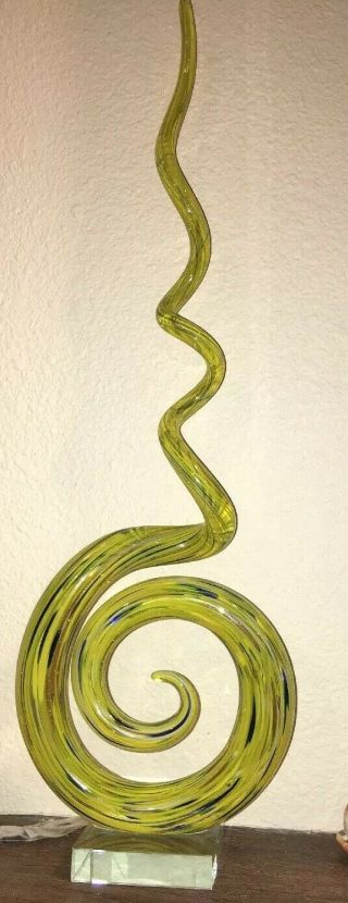 VINTAGE MCM LARGE MURANO ART GLASS SCULPTURE - 22” TALL Yellow Black Gold Swirl 2