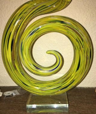 VINTAGE MCM LARGE MURANO ART GLASS SCULPTURE - 22” TALL Yellow Black Gold Swirl 3