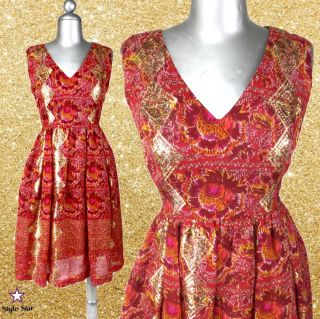 Vintage 50s 60s Dress Party Cocktail Silk Red Metallic Gold Saks Fifth Avenue S