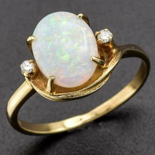 Vintage 14k Yellow Gold 0.  95 Ct Opal & Diamond Band Ring 2.  2 Grams F/g Si - 1