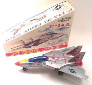 Vintage Sonai Toy F14a Us Navy Tomcat Antique Tin Toy Jet Fighter Battery Boxed