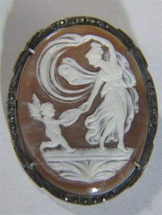 Vtg 800 Silver Carved Shell Cameo Woman Pulling Winged Cherub Brooch Pin