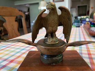 Vintage Brass Eagle Hood Ornament W/ Wings Atop Ford Radiator Cap - -