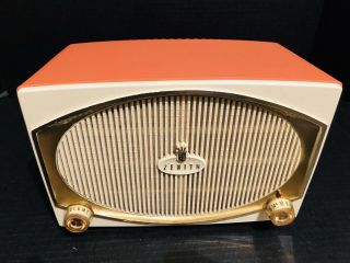 Antique 1959 Old Zenith D - 513 - V Salmon Color & Restored Art Deco Vintage Radio