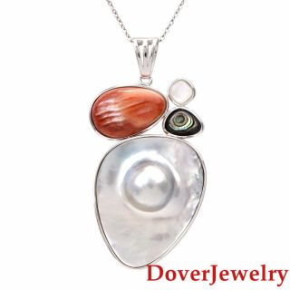 Estate Mother Of Pearl Blister Coral Abalone Silver Dangle Pendant 14.  5 Grams Nr