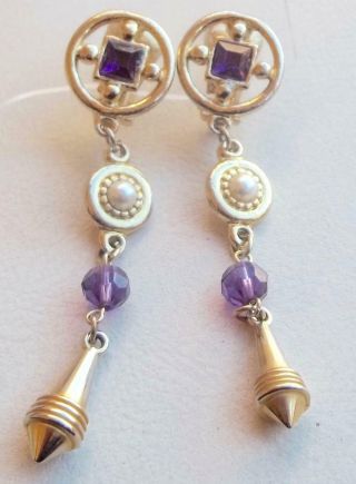 Givenchy Vintage Earrings Haute Couture Purple Rhinestones Pearls Gold Dusters