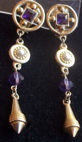 GIVENCHY Vintage Earrings Haute Couture Purple Rhinestones Pearls Gold Dusters 2