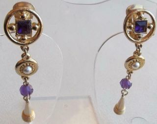 GIVENCHY Vintage Earrings Haute Couture Purple Rhinestones Pearls Gold Dusters 3