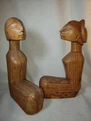 Vintage Asian Indonesian Thai Siamese Seated Couple Carved Wood Statue