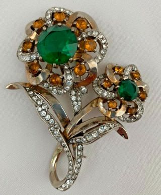 Vintage c1930 Signed Mazer Emerald Green Rhinestones Flower Stick Pin/Brooch 3 