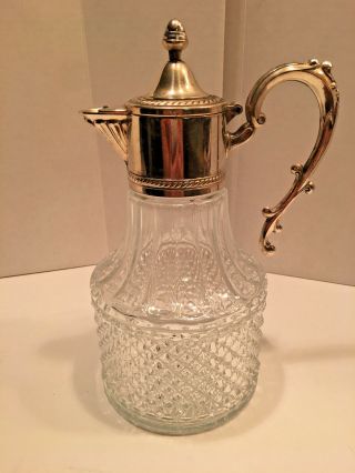 Vintage Diamond Glass Crystal Silver Plate Pitcher Jug Water Carafe