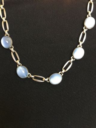 Vintage Sterling Silver And Glass Cabochon Blue Moonstone Necklace 15.  5” Long